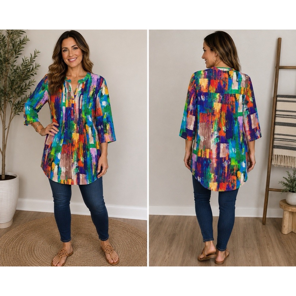 Serengeti Women M Abstract Multicolor Brushstroke Tunic Dress 3/4 Sleeve Artsy
